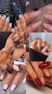 Collage of different polka dot nail art styles